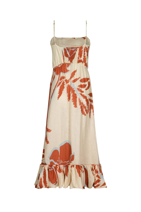 Madeira Linen Midi Dress / Ecru - Orange Gladiolos
